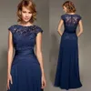 Abiti per la madre della sposa in pizzo blu navy Plus Size Cap Sleeve Appliqued Wedding Guest Abiti economici Abiti da sera lunghi fino al pavimento