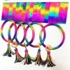 PU Leather Rainbow Bracelet Keychain Colorful Key Ring Circle Tassel Wristlet Women Girl Rainbow Bracelet Keychain Gifts HHA756