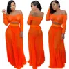 Femmes été hors épaule robe ensemble sexy voir à travers deux pièces ensembles orange sans bretelles à manches longues hauts amples tee jupe longue costume LJJA2830