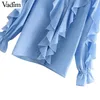 Vawomen süße Rüschen-Chiffon-Bluse mit V-Ausschnitt und langen Ärmeln, niedliche weibliche lässige Mode, blaues Hemd, stilvolle Tops, Blusas