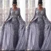 2020 Arabia Saudita Gris Vestidos de noche musulmanes 2020 Sirena con cuello en V Mangas largas Tul Encaje Islámico Dubai Vestido de noche formal largo 239U