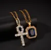 Men Women Iced Out Cubic Zircon Egyptian Ankh Key Pendant Necklace Ruby Pendant Necklace Set Hip Hop Jewelry Set Brand New