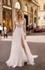 2020 Berta Wedding Dresses V Neck Appliqued mangas compridas lombar Lace Vestido de Noiva Backless alta Dividir Ruffle Varrer Train Robes De Mariée 11