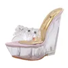 14 cm De Luxe Cristal Chaussures Rose Fleur Perlée Talon Compensé Sandales Claires Femmes Designer Mules Chaussures De Mariage De Mariée Venez Avec La Boîte