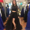 Seksi İki Adet Siyah Gelinlik Uzun Kollu Dantel Yüksek Yan Bölünmüş Tül Kat Uzunluk Akşam Parti Gowns Artı boyutu Örgün Elbise Özel