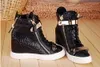 Heißer Verkauf - Damen Casual Wedges Plateau High Top Sneakers Weiß / Schwarz Steinmuster in den höheren Schuhen Schnürstiefel mit doppeltem Eisenreißverschluss