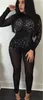 New Wholesale Hot Sexy See Through Women Black Mesh Jumpsuit Long Sleeve Club Party Bodysuit Women Sequined Dot Bodycon Jumpsuit Wine Red