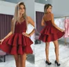 New Dark Red Homecoming Dresses with Spaghetti Straps Tiered Skirts Sequins Lace Appliqued Short Prom Formal Gown BC0002