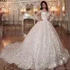 Robes robe de bal bijou cou dentelle appliques à manches longues balayage train robe de mariée bouffante robes de mariée 330 s