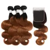 # 1b / 30 Medium Auburn Ombre Body Wave Braziliaanse Haarbundels met Sluiting Licht Bruin Ombre Menselijk Haar Weeft 3bundles met Kantsluiting 4x4