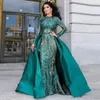 2020 Dark Green Actual Image Prom Dresses Long Sleeves Sequined Lace Mermaid Detachable Train Sequins Champagne Red Evening Party Gowns Wear