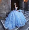 Splendido Bahama Blue Quinceanera Sweet 16 Abiti con paillettes Applique in pizzo senza spalline con lacci Rimuovi abiti da ballo con maniche corte Laurea 7 °