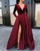 2020 New Sexy profundo decote em V Velvet Dresses Prom mangas compridas Burgundy alta Dividir o chão partido Quinceanera Plus Size vestidos de noite formais