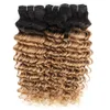 3 Bundles Deep Wave T1B27 Honey Blonde with Dark Roots Ombre Hair Colored Brazilian Curly Weaves