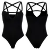 Frauen Sexy Gothic Overalls Backless Cross Strap Vorne Design Aushöhlen Pentagramm Strampler Schwarz Ärmellose Dünne Cami Bodysuit219o