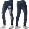 Mens Casual Skinny Jeans Calças Sólidas Preto Rasgado Beggar Fit Denim Com Joelho Buraco Para Jovens