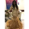 Luxury Gold Sequins Lace Flowers Evening Dress Long Sleeves V-neck Women Plus size Prom Gown Custom Made