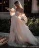 Champagne Long Sleeves Tulle Bohemian Beach Plus Size Wedding Dress Off Shoulder Tiered Bridal Dress Gowns vestidos de novia