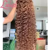 Bruine kleur krullend haar 13x6 kant voor menselijk haar pruiken met baby 8-24 inch pre plukte braziliaanse krullende kant pruiken