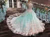 Miętowe zielone sukienki Quinceanera 3D aplikacja z kwiatowym haftem zroszony wielowarstwowa księżniczka słodka 15 16 korowód suknia balowa Custom Made 2020