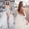 Schulterfrei Sexy Brautkleider mit Rüschen besetzte Hoch Slit Spitzeapplique-Brautkleider nach Maß Backless Robe De Mariee