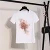 Verão Nova Lantejoulas Bordado Flores Tridimensionais Manga Curta T-shirt Buraco em Nove Points Jeans Dois Ternos Feminino