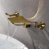 High Quality Gold Finish Waterfall Spout Tub Faucet Wall Mount 3 Hole Bath Mixer Tap Torneiras Banho Water Valve Bathroom