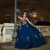 Lussuosi cristalli di perline in pizzo Abiti Quinceanera Crew Backless Royal Blue Ball Gown Evening Party Sweet 16 Abiti da ballo