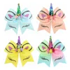 Princess Unicorn Cheer Bow med PonyRtail Holder Ribbon Hair Bow With Clip Fabric Cheerleading Bows Girl Hair Accessories HJ242