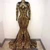 Gold and Black Cekinowy Sparkly Długie Rękawów Suknie Wieczorowe 2019 Długość podłogi Długa Syrenka Wysokiej Neck Dresses dla kobiet Prom Suknie