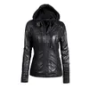Kvinnor Casual Ytterkläder V-Neck Stand Collar Avtagbar Hood PU Faux Läder Jacka Coat Slim Långärmad