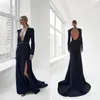 Bescheiden Navy Blue High Neck Split Side Prom Dresses 2020 Crystal Beaded Backless Avondjurken Plus Size Reception Jurk