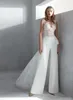 Moda V Neck Lace A Line Wedding Dresses Jumpsuit Ruffles Tulle Applique Ruched Andar do casamento do comprimento vestidos de noiva veste BC2736 de mariée