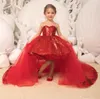 Sparkle Red Sequin Little Girls Pagews Suknie Wymienny Tulle Train Suknia Balowa Wysokie Niski Kids Christmas Birthday Party Suknie z kokardą