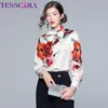 Tesscara Dames Lente Elegante Floral Print Blouse Shirt Vrouwelijke Mode Boog Designer Office Party Chemise Top Womens Tops Blouses