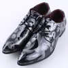 Bright Leather Men Dress Shoes Brand Fashion Groom Wedding Shoes Flowers Print Pointed Toe Lace Up Men Business 38-48