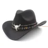 Wide Brim Western Cowboy Hat Cap Men Women Faux Wool Felt Fedora Hats Ribbon Metal Bullhead Decorated Black Panama Cap1209507
