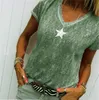 Летняя женская футболка с коротким рукавом с V-образным вырезом Пятиконечная звезда футболка Дизайнер сплошной цвет Повседневная блузка Свободная одежда для вечеринки Рубашки Одежда