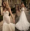 Vintage Lace Mermaid Berta Wedding Dresses Long Train Formal Bridal Dress 3D Floral Appliqued Strapless Boning Gorgeous Wedding Gowns