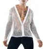 Hommes décontracté maille chemises transparentes T-Shirt garçons chemise à manches longues haut en V profond Cardigan hauts Cool T-Shirt pour hommes