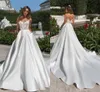 New Designer Modest A Line Satin Wedding Dreses Sheer Neck Lace Applique Backless Sweep Train Wedding Dress Bridal Gown Vestidos