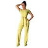 2019 Lato Hot Fashion 2 Piece Zestawy Kobiety Solidna Knot 4-Color Jumpsuits Lady O-Neck Krótki rękaw Hollow Out Sumpsu