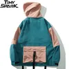 Men Hip Hop Jacket Harajuku Streetwear Retro Color Block Hooded Windbreaker Jacket Mult Pockets 2019 Track Coat Oversized