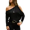 Kadın Bluz Gömlek 2021 Yaz Siyah Bir Omuz Üst Kadın Uzun Kollu Seksi Skew Yaka Kadınlar Gevşek Katı Straplez Bayanlar Giysileri
