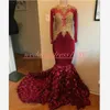 Luksusowy Długim Rękawem Prom Dresses Mermaid 3D Rose Sheer Aplikacja Party Afryki Formalne Suknie Wieczorowe Suknie Goście Nosić Robe De Soiree