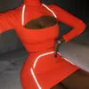 Instahot Hollow out mulheres Dois pedaço conjunto de manga longa Splice Reflexivo Flash Flash Top e Skirt Tracksuit Outono Streewear Novo