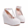 Sweetness Lace Flower Lady Bridesmaid Shoes Pearl T-straps Wedge Heel Wedding Party Shoes White Color Buckle Straps Pumps