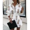 Robes décontractées femmes col en V à manches longues ananas imprimé chemisier boutonné haut chemise ample Mini robe Top1