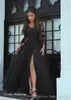 2019 Modern Long Sleeves Evening Dress Modest Thing-High Split Chiffon A Line Black Formal Party Gown Custom Made Plus Size