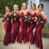 Vintage Burgundy Spaghetti Mermaid Bridesmaid Dresses Off Shoulder Hi-Lo Formal Prom Evening Gown Long Miad Of Honor Dresses